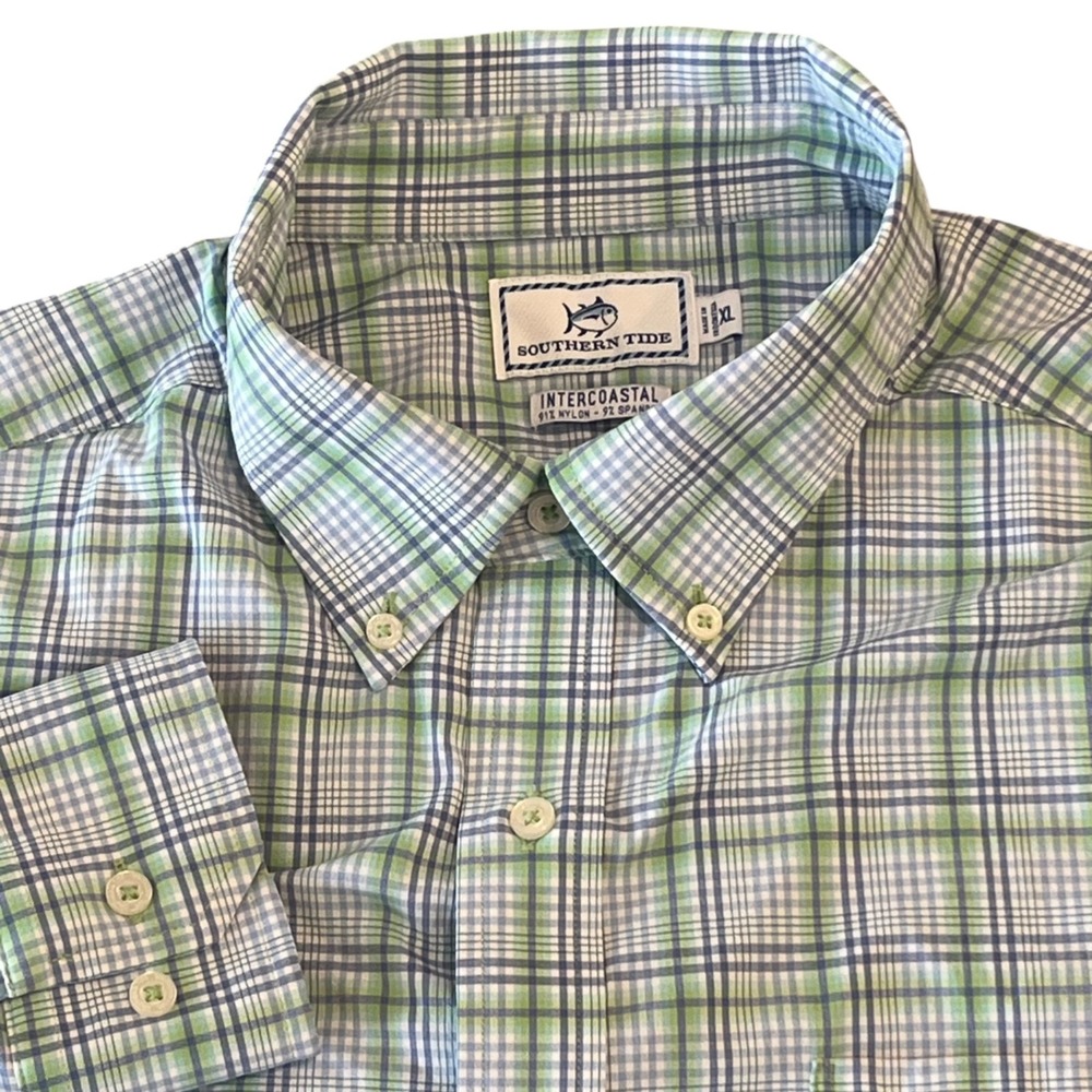 Southern Tide Intercoastal Shirt Mens XL L/S B/U Plaid Nylon Stretch